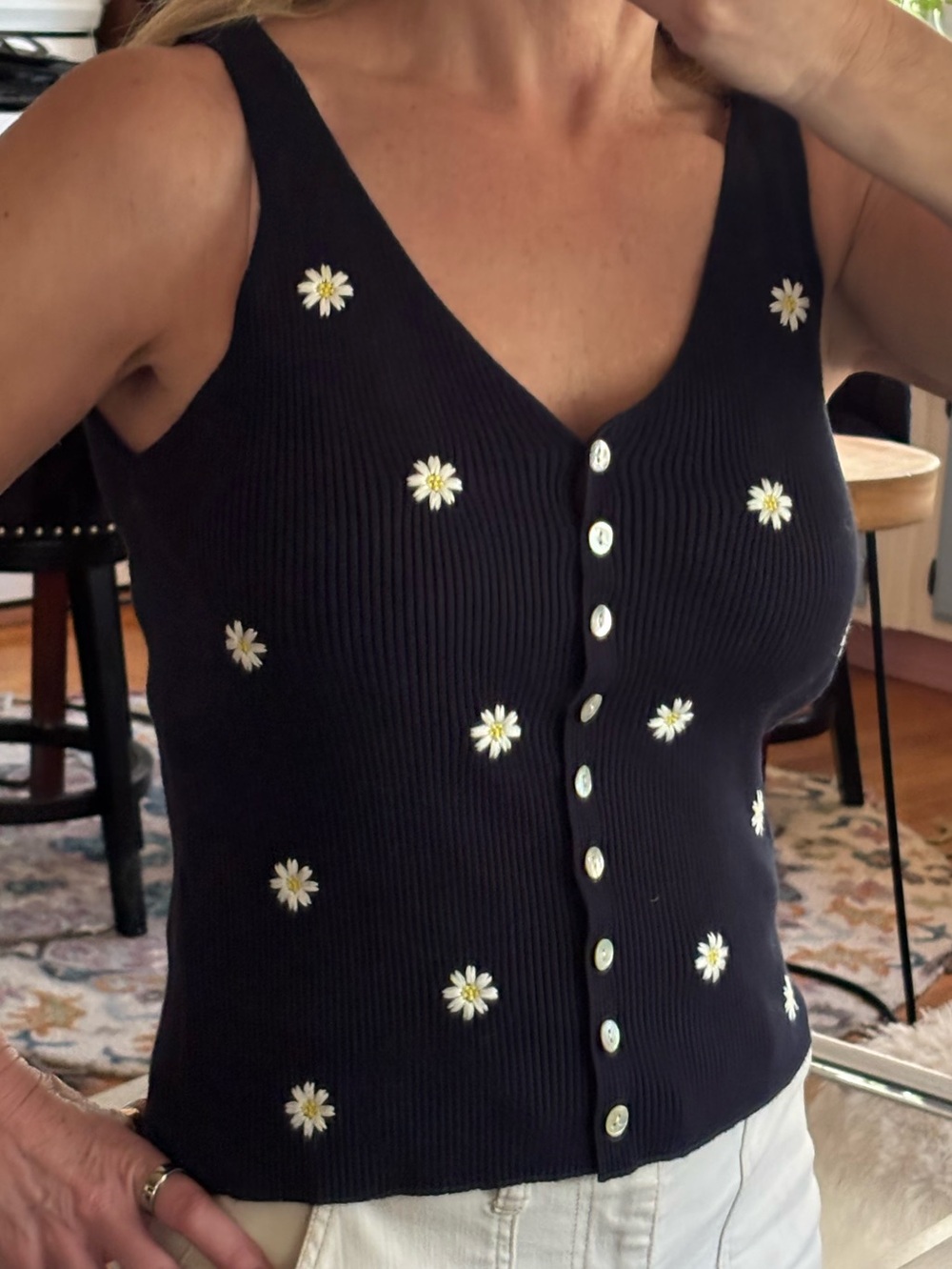 FRNCH Navy Ribbed Button-Front Tank with Daisy Embroidery